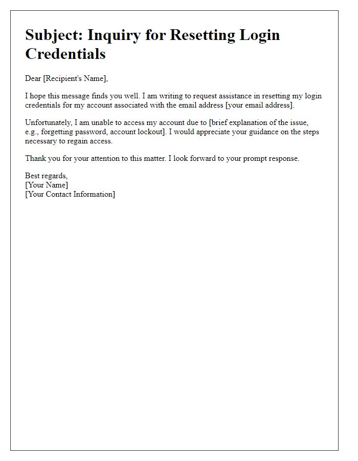 Letter template of inquiry for resetting login credentials