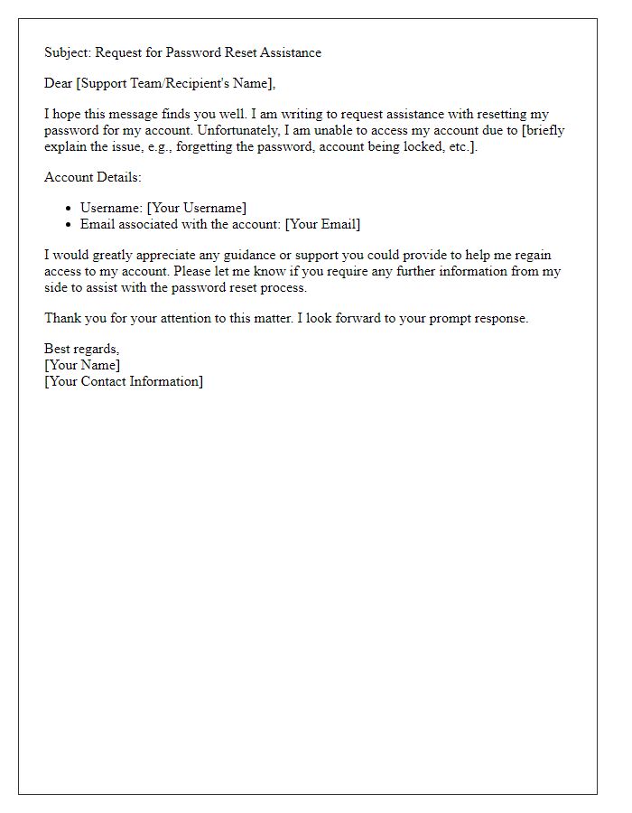 Letter template of need for help with password reset
