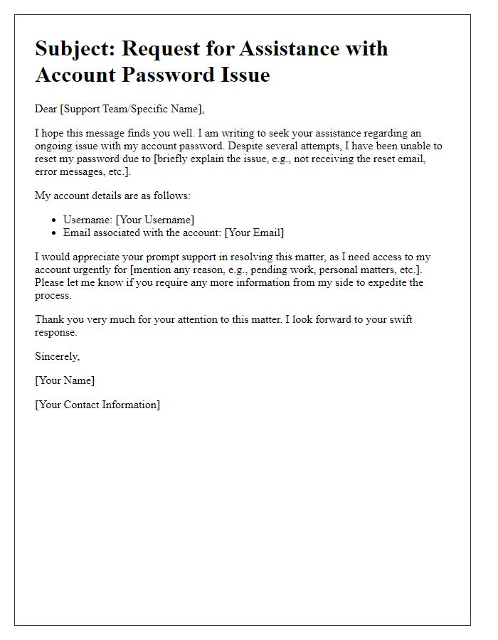 Letter template of plea for support with account password issue