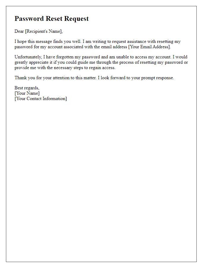 Letter template of request for help with forgotten password