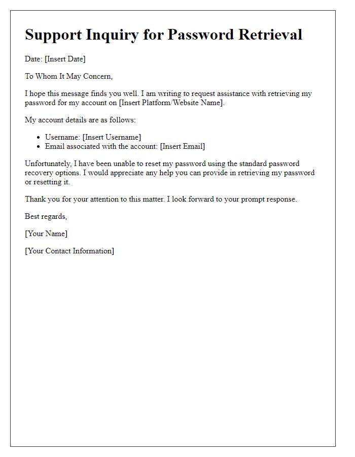 Letter template of support inquiry for password retrieval