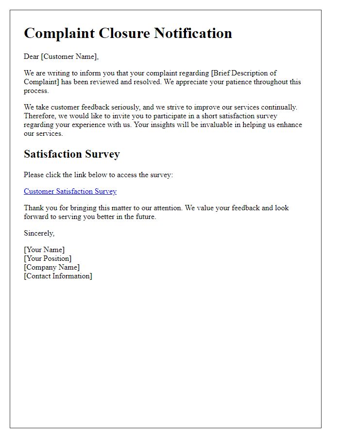 Letter template of complaint closure and satisfaction survey