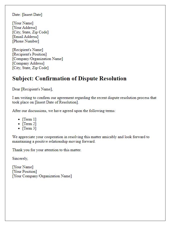 Letter template of dispute resolution confirmation