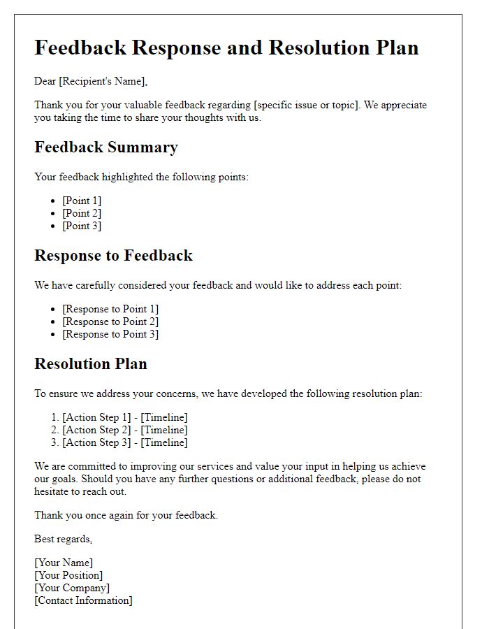 Letter template of feedback response and resolution plan