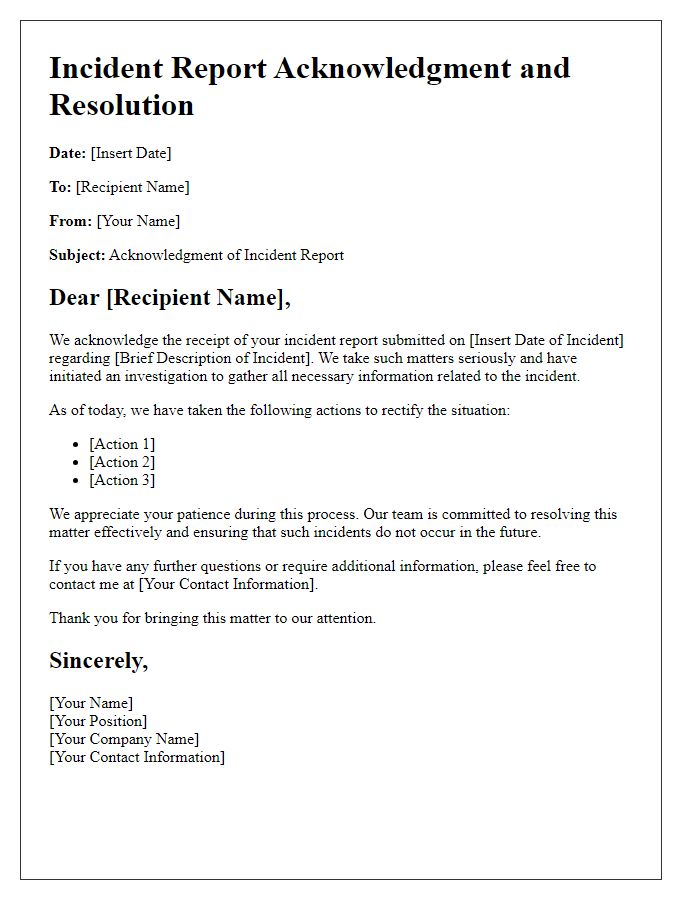 Letter template of incident report acknowledgment and resolution