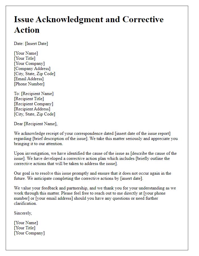 Letter template of issue acknowledgment and corrective action