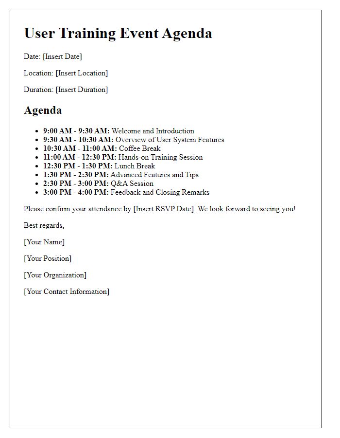 Letter template of agenda for user training event