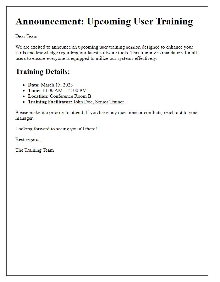 Letter template of announcement for upcoming user training