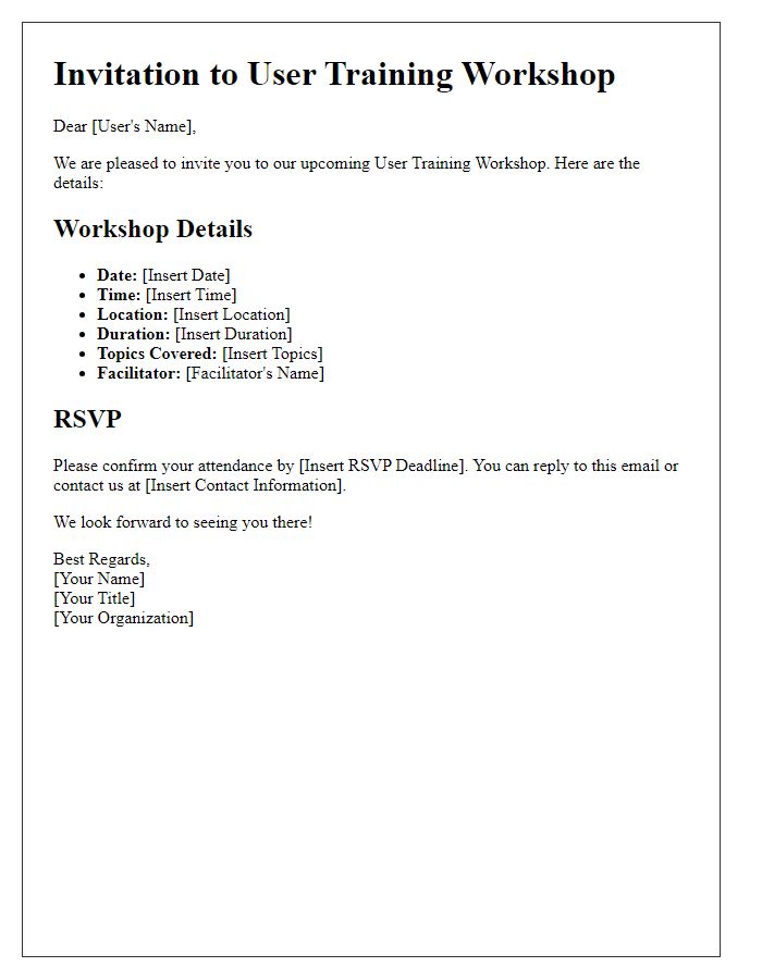 Letter template of details for the user training workshop