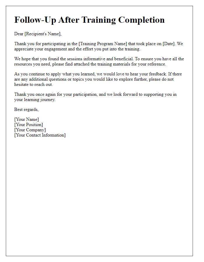 Letter template of follow-up after user training completion
