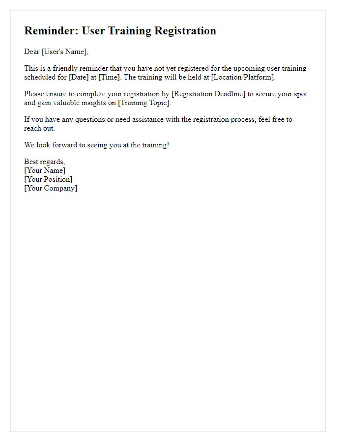 Letter template of reminder for user training registration