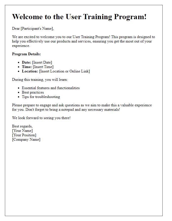 Letter template of welcome to user training program