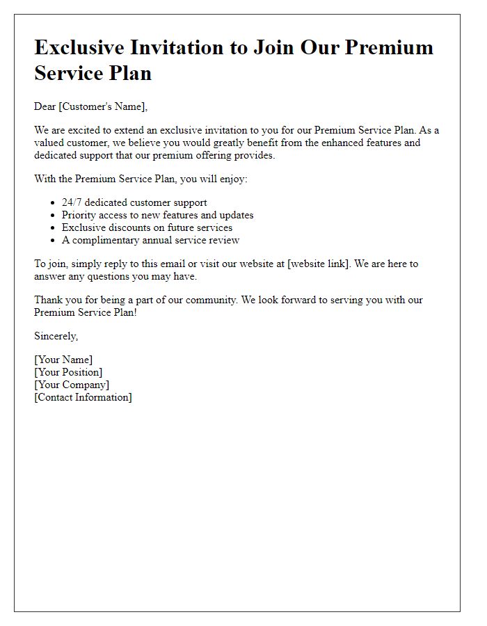 Letter template of premium service plan invitation