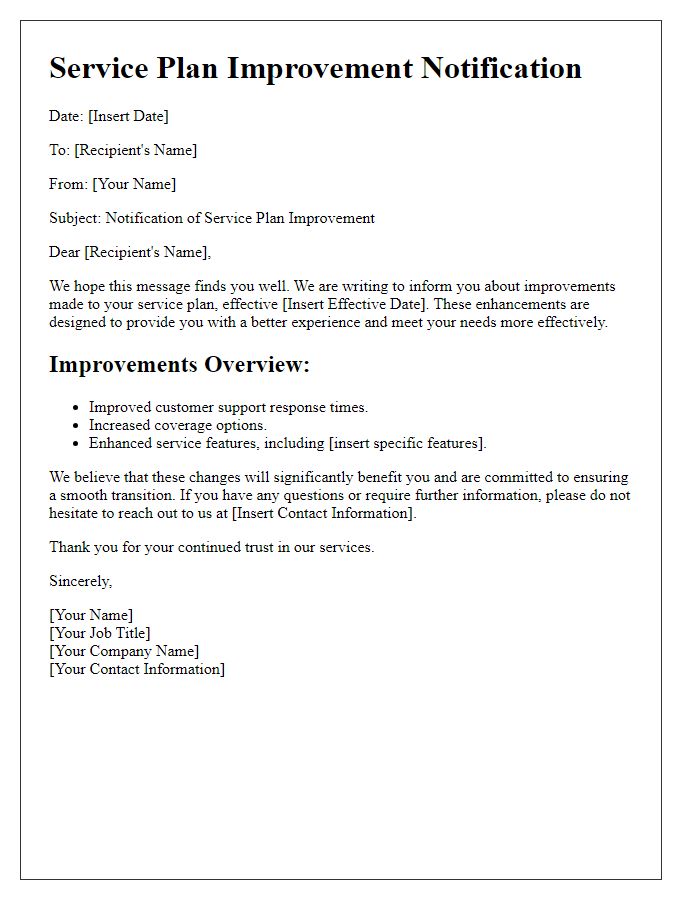 Letter template of service plan improvement notification