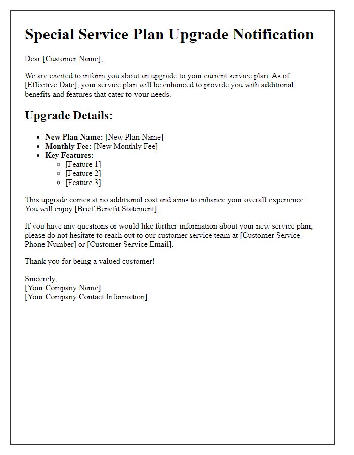 Letter template of special service plan upgrade details