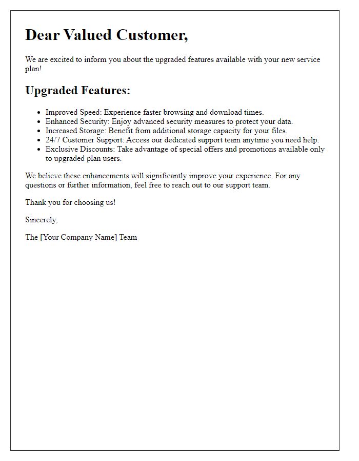 Letter template of upgraded features for your service plan