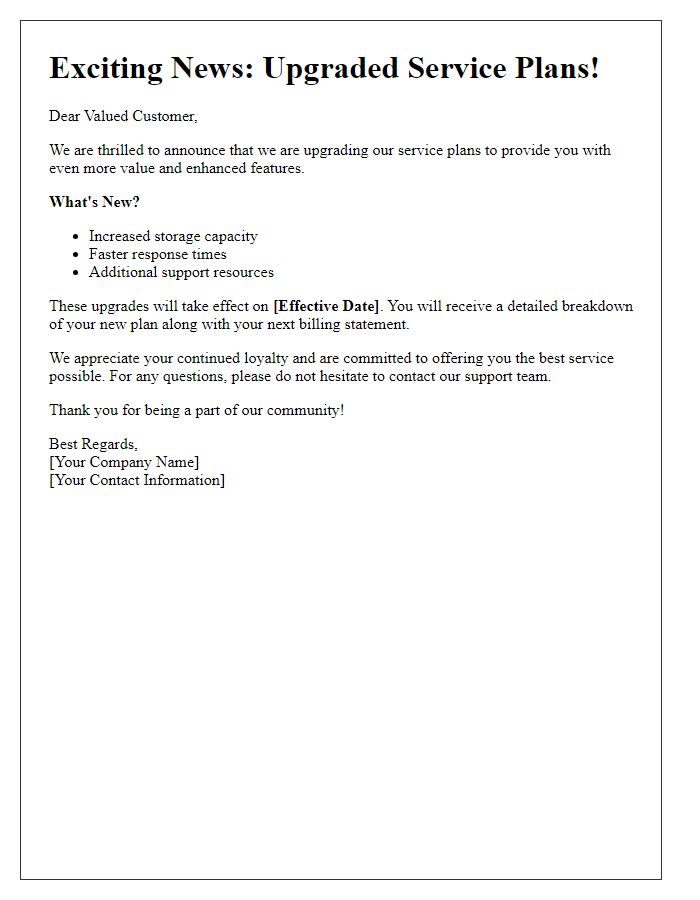 Letter template of valuable service plan upgrade announcement