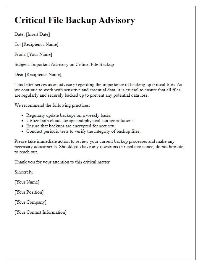 Letter template of critical file backup advisory
