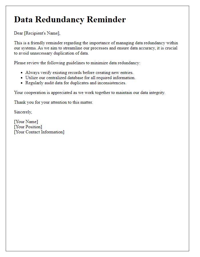 Letter template of data redundancy reminder