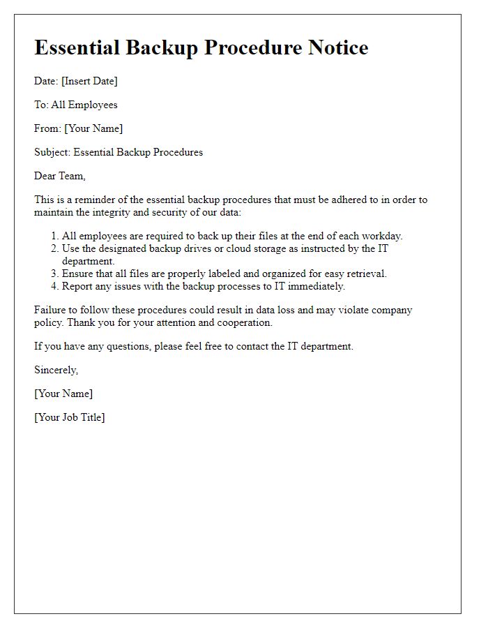 Letter template of essential backup procedure notice