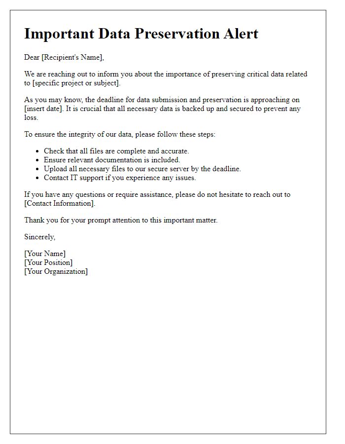 Letter template of important data preservation alert