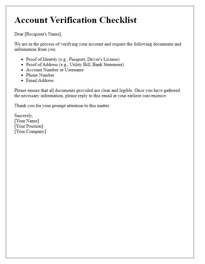 Letter template of account verification checklist