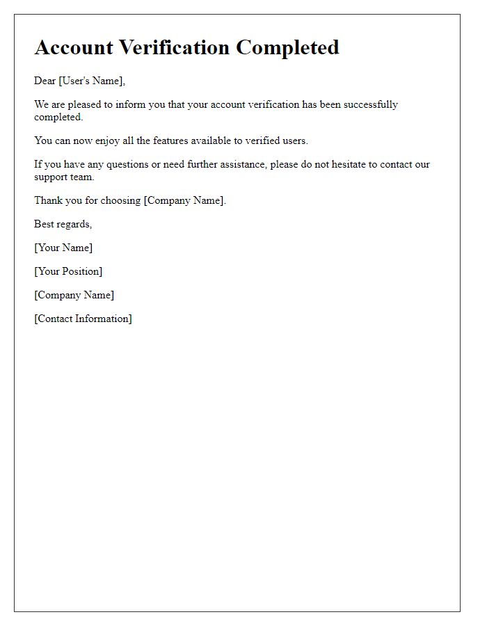 Letter template of account verification completion notification