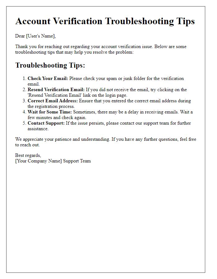 Letter template of account verification troubleshooting tips