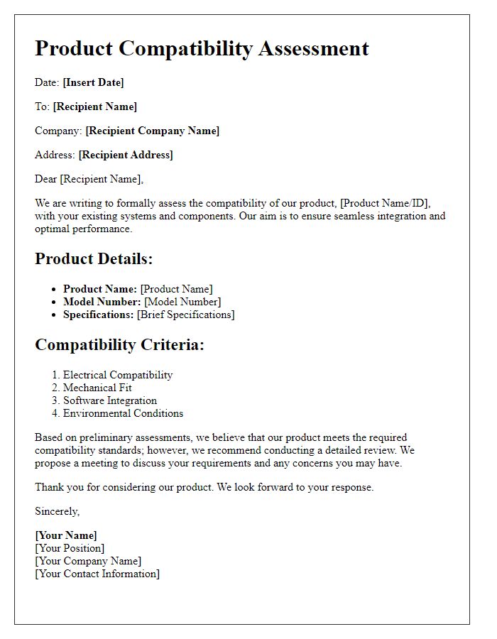 Letter template of product compatibility assessment