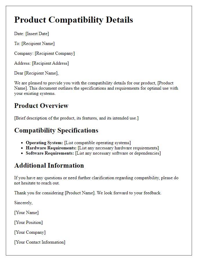 Letter template of product compatibility details