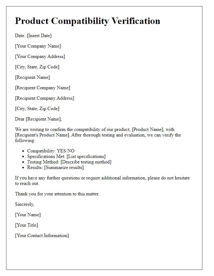 Letter template of product compatibility verification