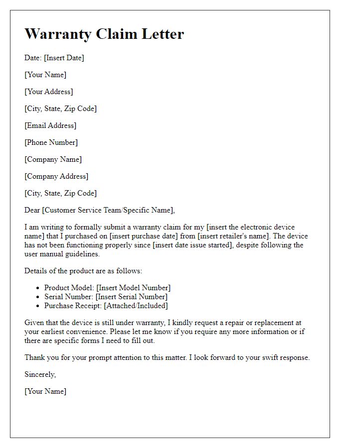 Letter template of warranty claim for electronic device.