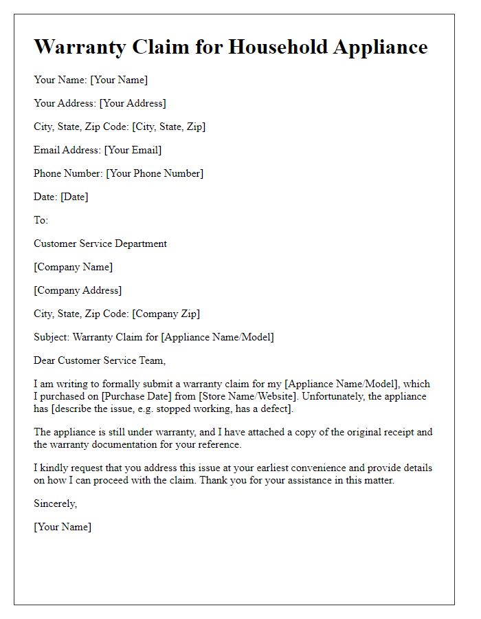 Letter template of warranty claim for household appliances.