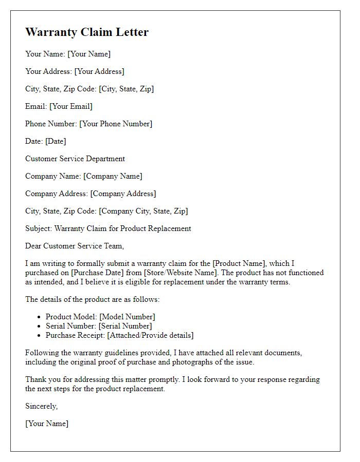 Letter template of warranty claim for product replacement.