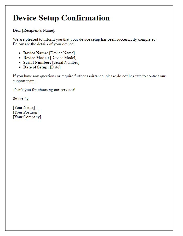 Letter template of device setup confirmation