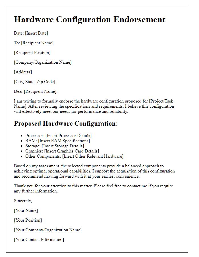 Letter template of hardware configuration endorsement