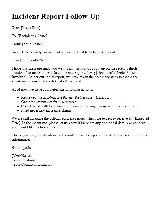 Letter template of incident report follow-up after a vehicle accident