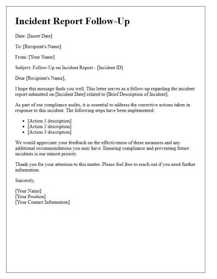 Letter template of incident report follow-up for compliance audits