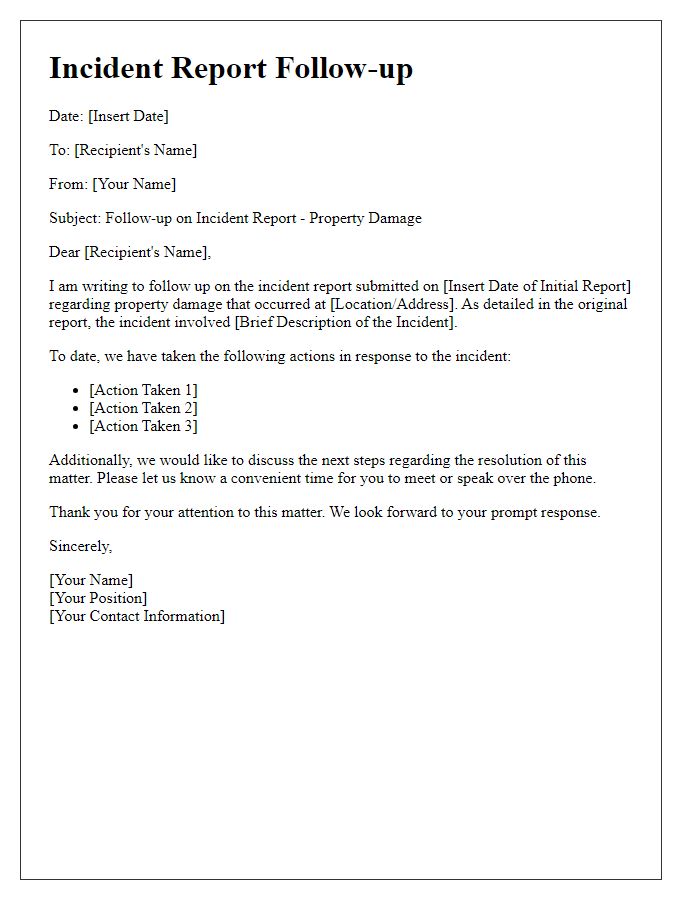 Letter template of incident report follow-up concerning property damage