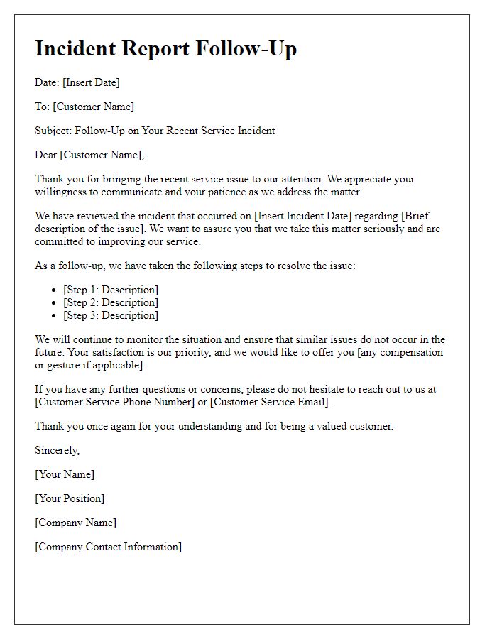 Letter template of incident report follow-up for customer service issues