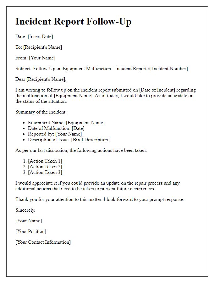 Letter template of incident report follow-up on equipment malfunction