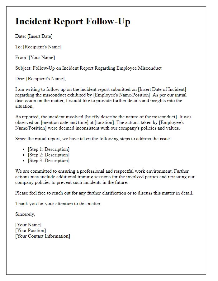 Letter template of incident report follow-up regarding employee misconduct