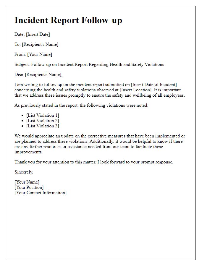 Letter template of incident report follow-up regarding health and safety violations