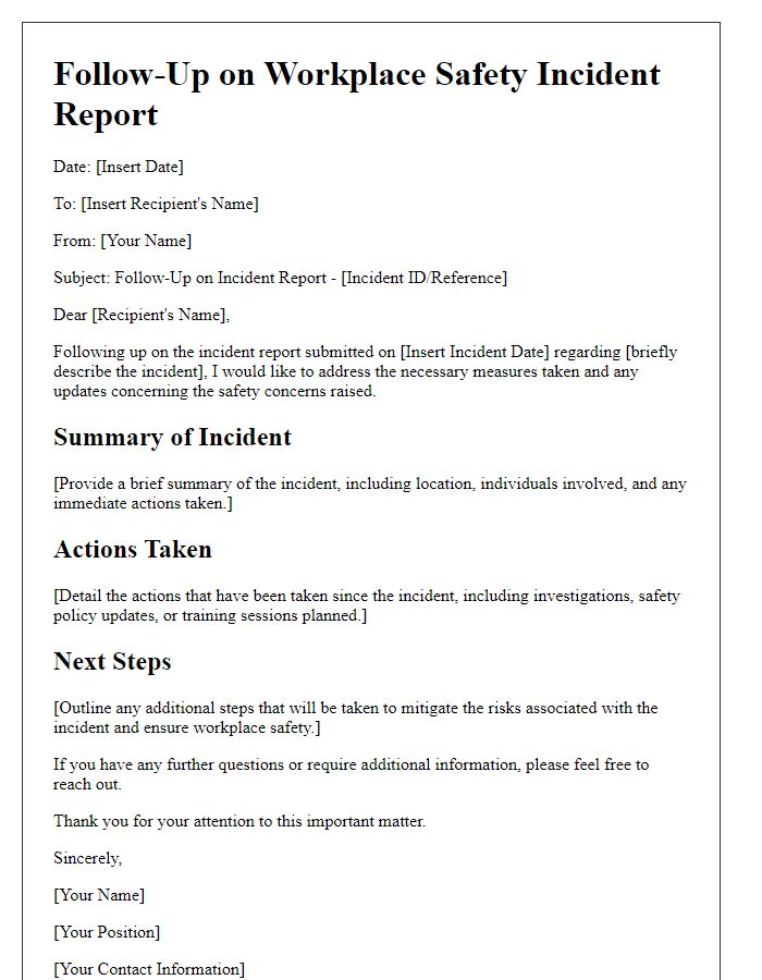 Letter template of incident report follow-up for workplace safety concerns