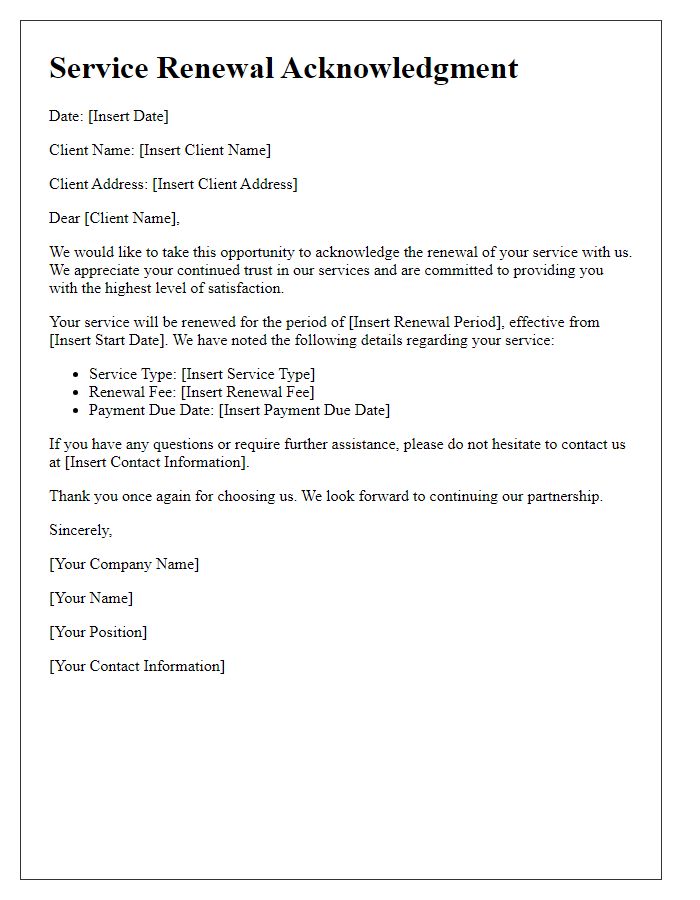 Letter template of service renewal acknowledgment for clients