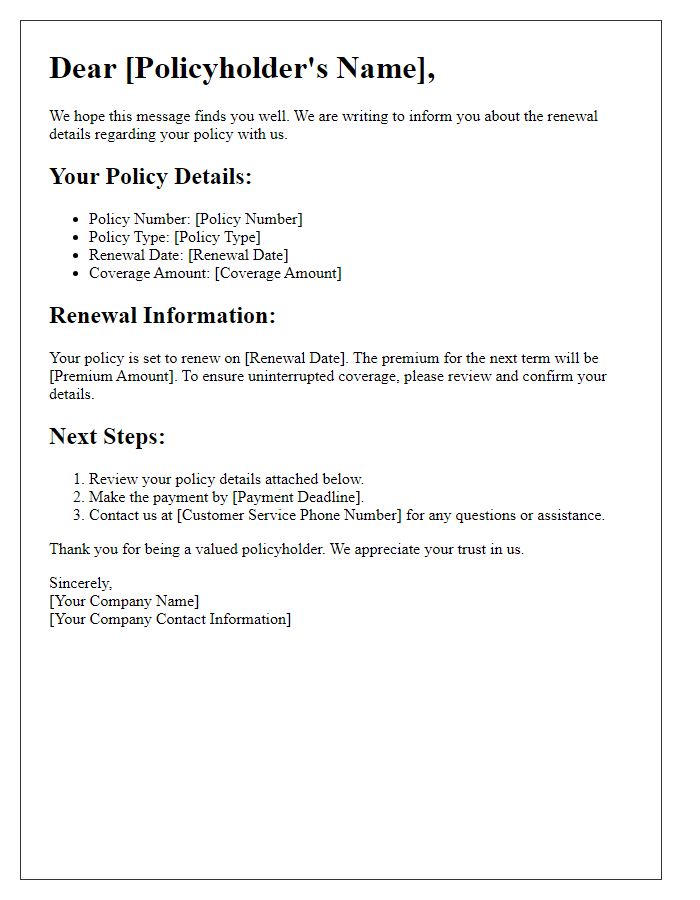 Letter template of service renewal details for policyholders