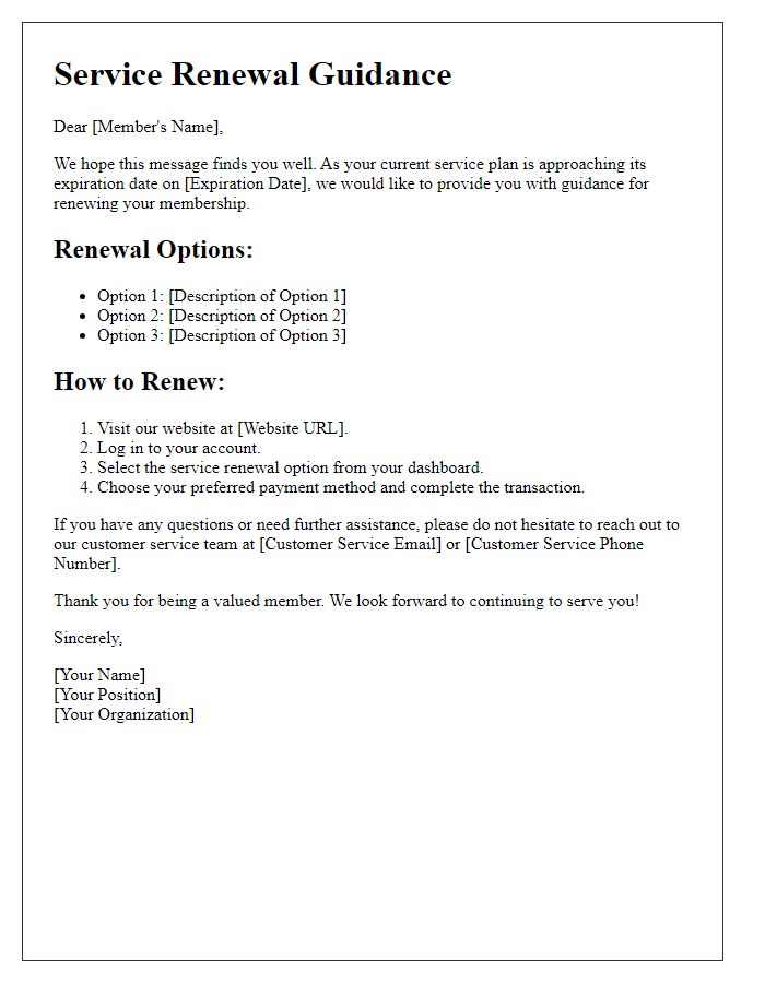 Letter template of service renewal guidance for members