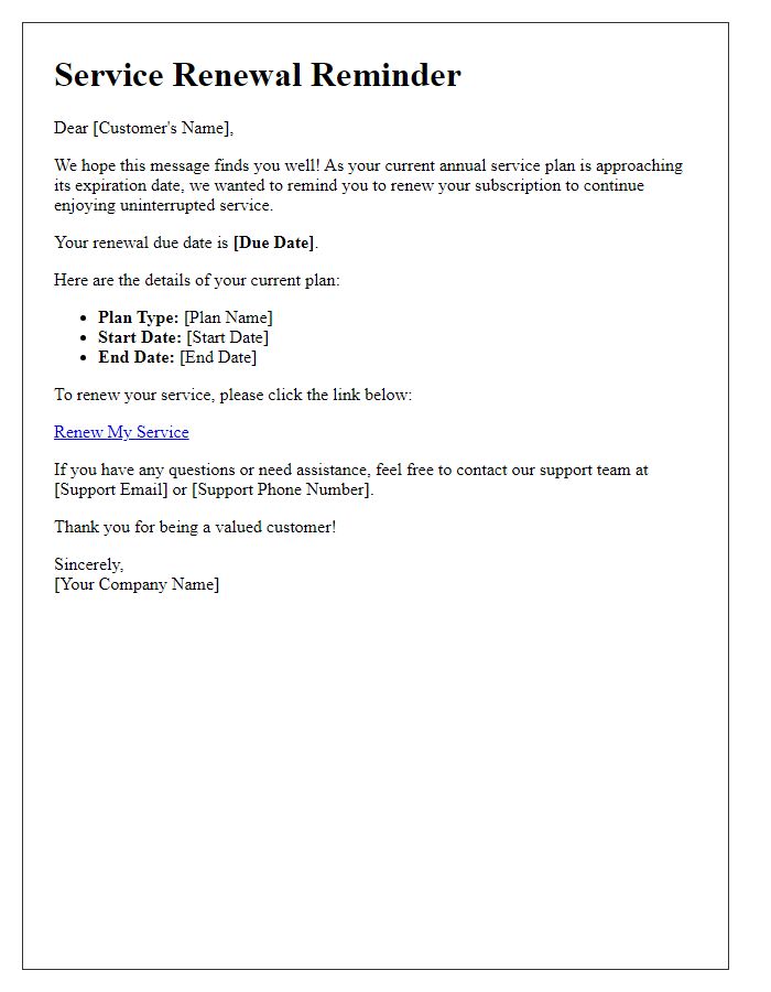 Letter template of service renewal prompt for annual plans