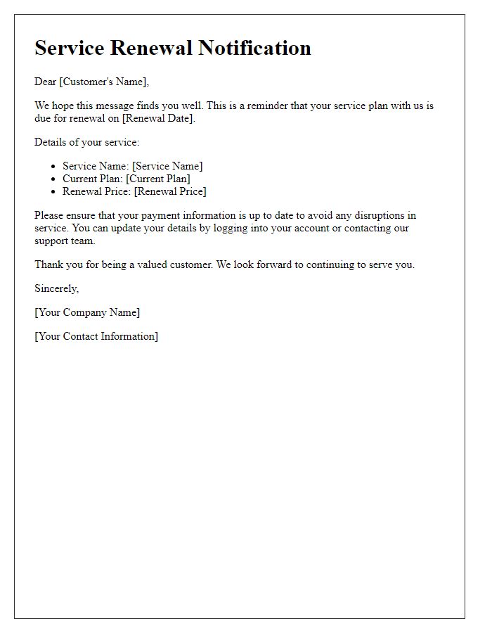 Letter template of upcoming service renewal notification