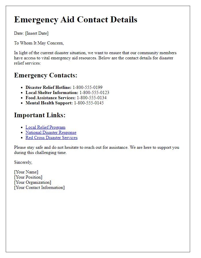 Letter template of emergency aid contact details for disaster relief.